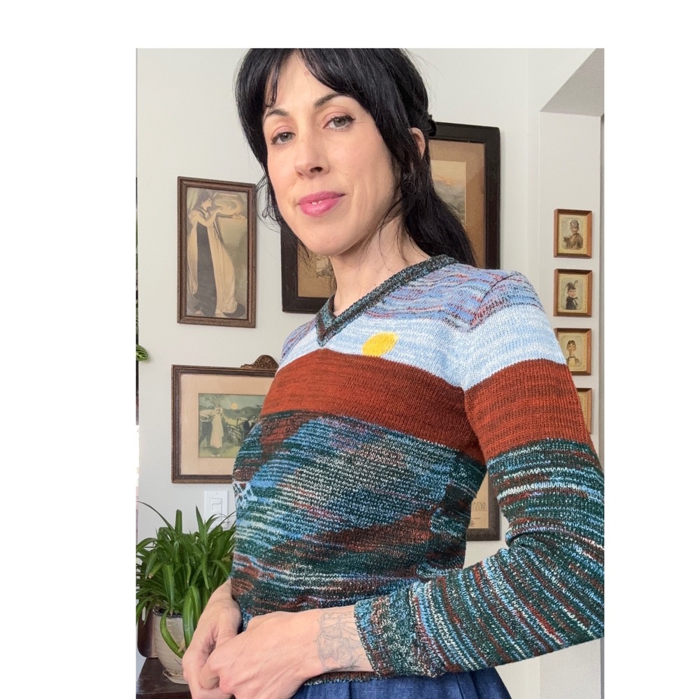 Vintage 70s Space Dyed Mountain Landscape V-Neck Sweater Rust Blue Green Sun - Picture 3 of 6